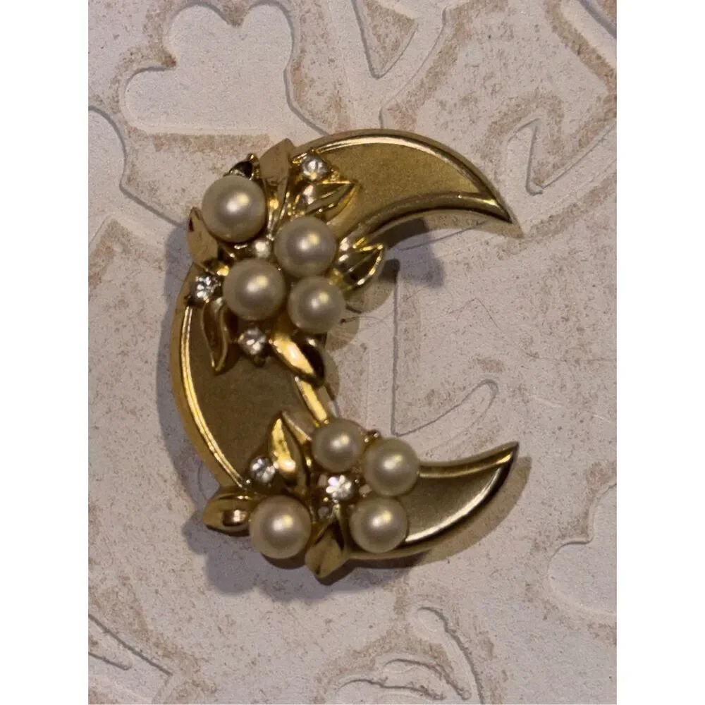 Crown  Trifari Crescent Moon Faux Pearls Brooch, signed